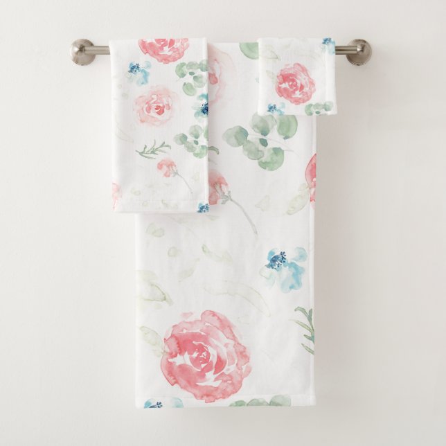 Blush peach and blue florals bath towel set (Insitu)