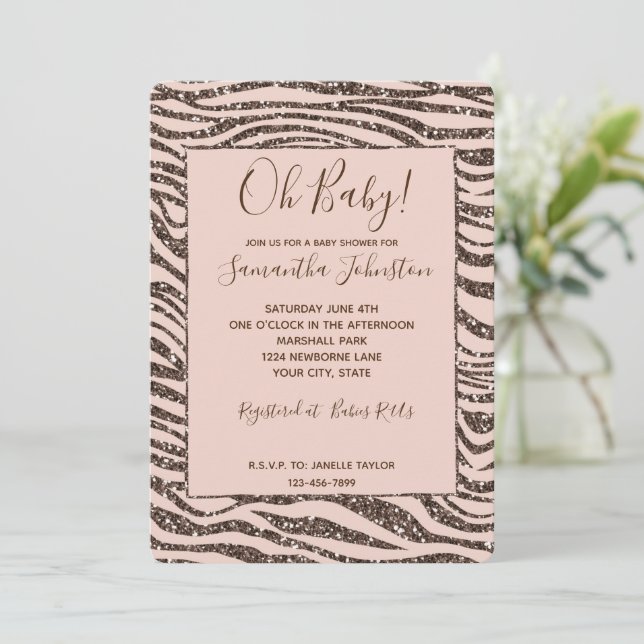Blush Peach Brown Zebra Glitter Baby Shower Invitation (Standing Front)
