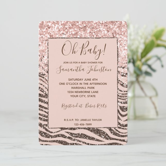 Blush Peach Brown Zebra Glitter Baby Shower Invitation (Standing Front)