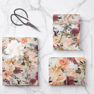 Blush Peach & Burgundy Wine Floral Garden Wrapping Paper Sheet