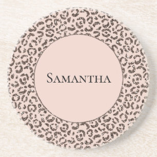 Blush Peach Chocolate Brown Leopard Glitter      Coaster