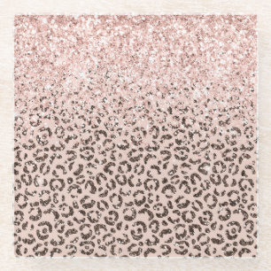 Blush Peach Chocolate Brown Leopard Glitter Glass Coaster