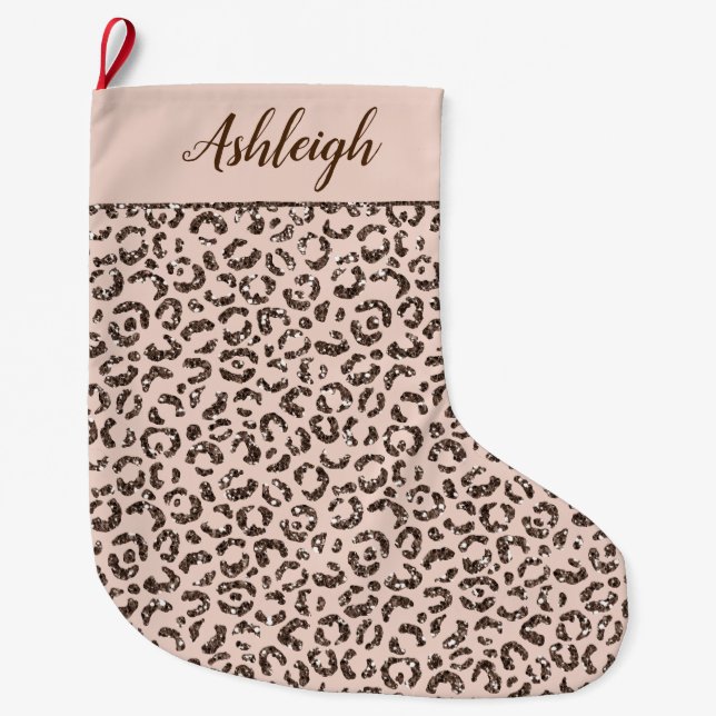Blush Peach Chocolate Brown  Leopard Glitter  Large Christmas Stocking (Front)