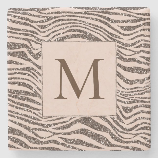 Blush Peach Chocolate Brown Zebra Glitter     Stone Coaster (Front)