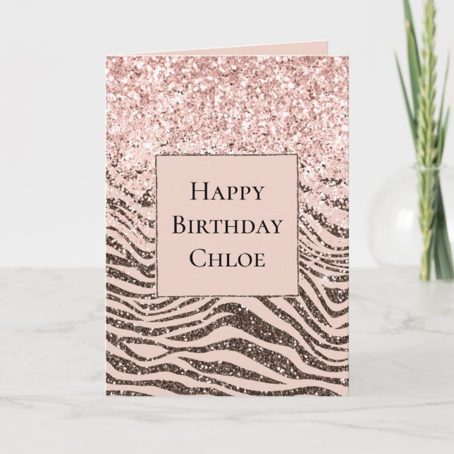 Blush Peach Chocolate Brown Zebra Print Glitter    Card (Front)