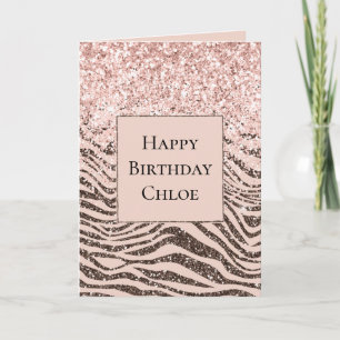 Blush Peach Chocolate Brown Zebra Print Glitter Card