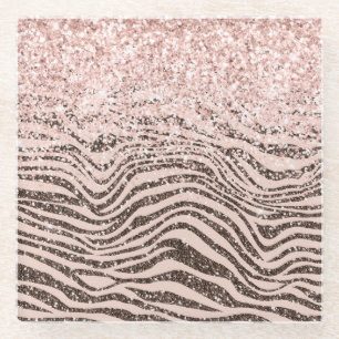 Blush Peach Chocolate Brown Zebra Print Glitter    Glass Coaster
