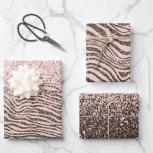 Blush Peach Chocolate Brown Zebra Print Glitter    Wrapping Paper Sheet