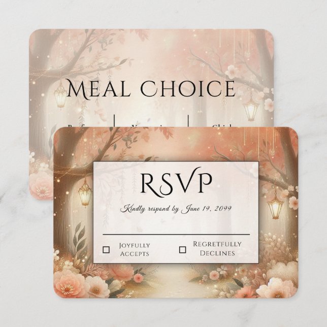  Blush Peach Enchanted Forest Lantern Wedding RSVP Card (Front/Back)