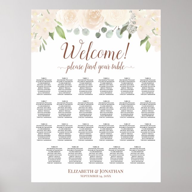Blush Peach Floral 23 Table Wedding Seating Chart (Front)