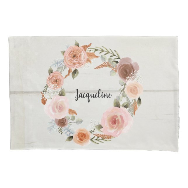 Blush Peach Floral BOHO Wreath Rustic Wood Girl Pillowcase (Front)