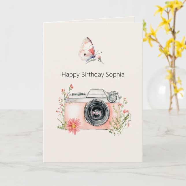 Blush Peach Floral Camera Birthday Card (Yellow Flower)