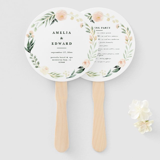 Blush, peach floral + foliage wedding hand fan (Front and Back)