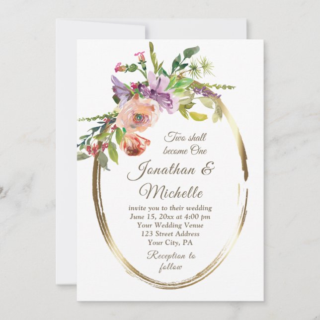 Blush Peach Floral Gold Frame Christian Wedding Invitation (Front)
