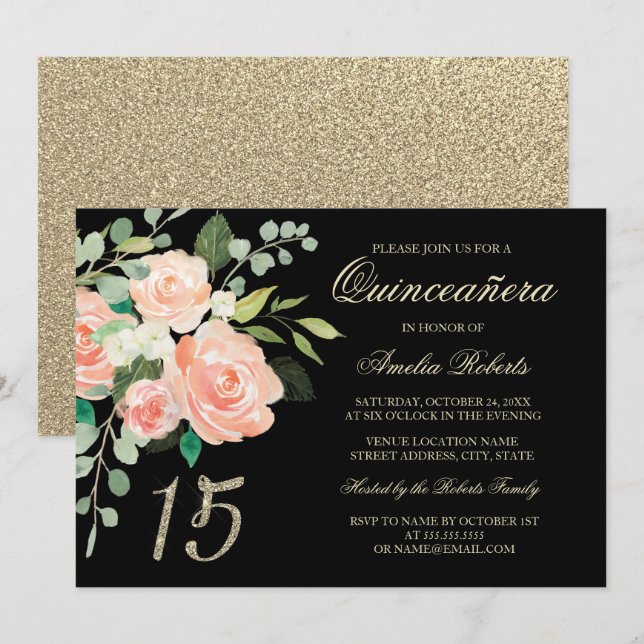 Blush Peach Floral Gold Glitter Quinceanera Invitation (Front/Back)