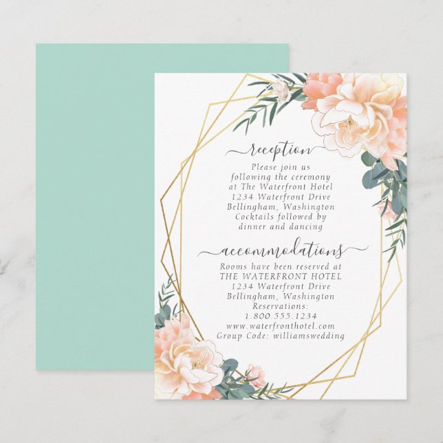 Blush Peach Floral Gold Mint Green Wedding Details Enclosure Card (Front/Back)
