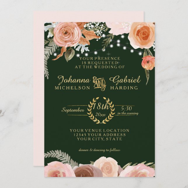 Blush Peach Floral Twinkle Foliage Forest Green Invitation (Front/Back)