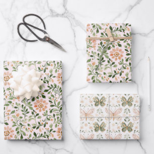 Blush Peach Flowers Green Leaves Bridal Shower Wrapping Paper Sheet
