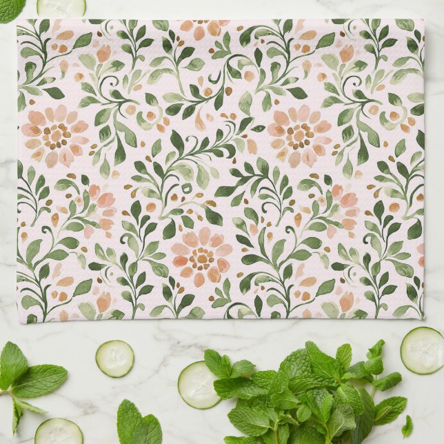 Blush Peach Flowers Green Leaves Kitchen Towel (Folded)