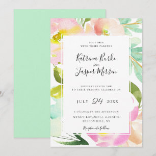 Blush Peach Mint Botanical Floral Wedding Invitation