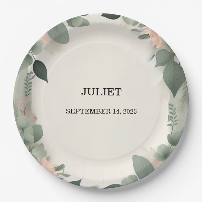 Blush Peach Mint Moss Sage Green Bridal Shower Paper Plate (Front)