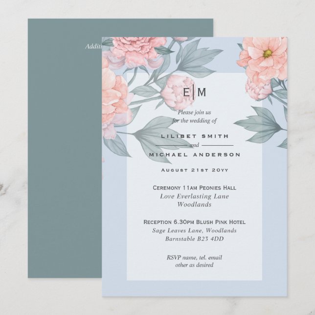 Blush Peach PEONIES Blue Wedding Invite Reception (Front/Back)