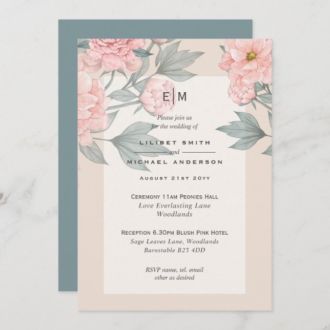 Blush Peach PEONIES Sage Wedding Invite Reception (Front/Back)