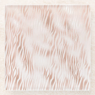 Blush Peach Pink White Zebra print Glass Coaster