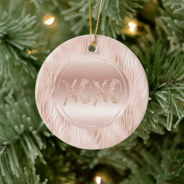 Blush Peach Pink Zebra print Glitter XOXO Ceramic Ornament (Tree)