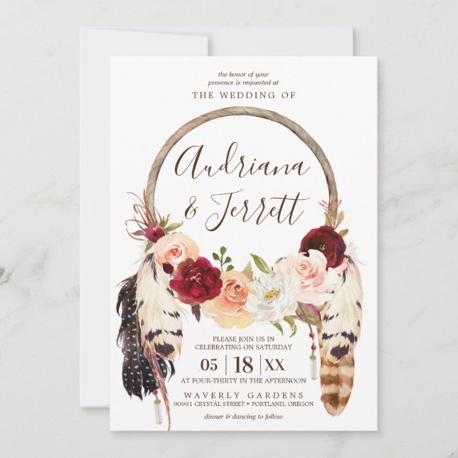 Blush & Peach Rose Boho Dreamcatcher Wedding Invitation (Front)