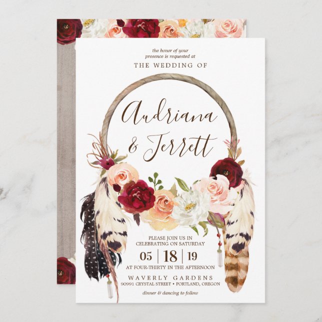 Blush & Peach Rose Dream Catcher Boho Wedding Invitation (Front/Back)