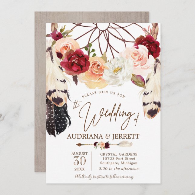 Blush & Peach Rose Dreamcatcher Boho Wedding Invitation (Front/Back)