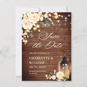 Blush Peach Rose Lantern Rustic Wood Wedding Save The Date