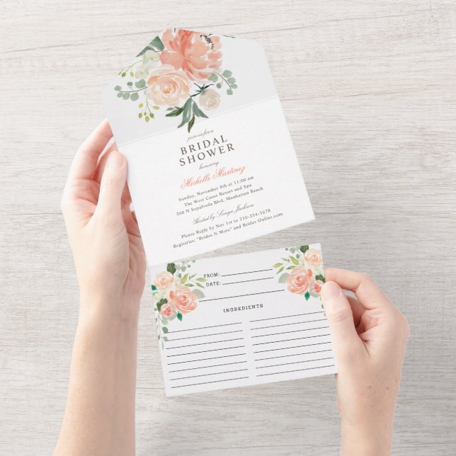 Blush Peach Spring Floral Bridal Shower and Recipe All In One Invitation (Tearaway)