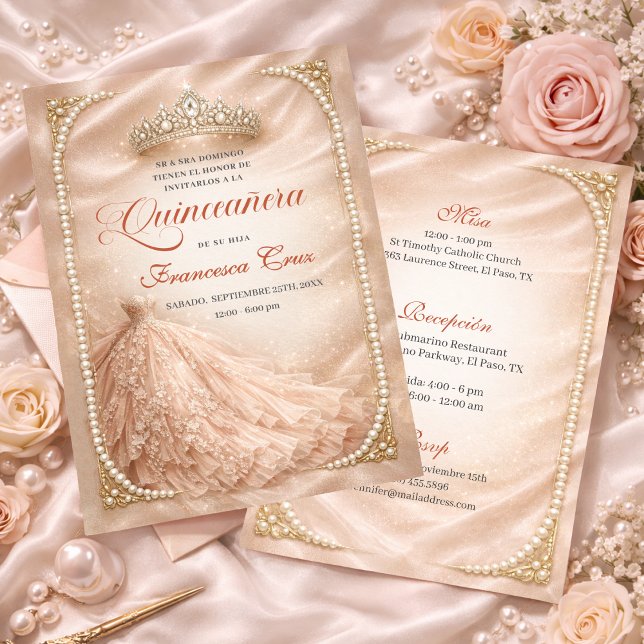 Blush & Pearl Royal Tiara Spanish quinceanera   Invitation (Creator Uploaded)