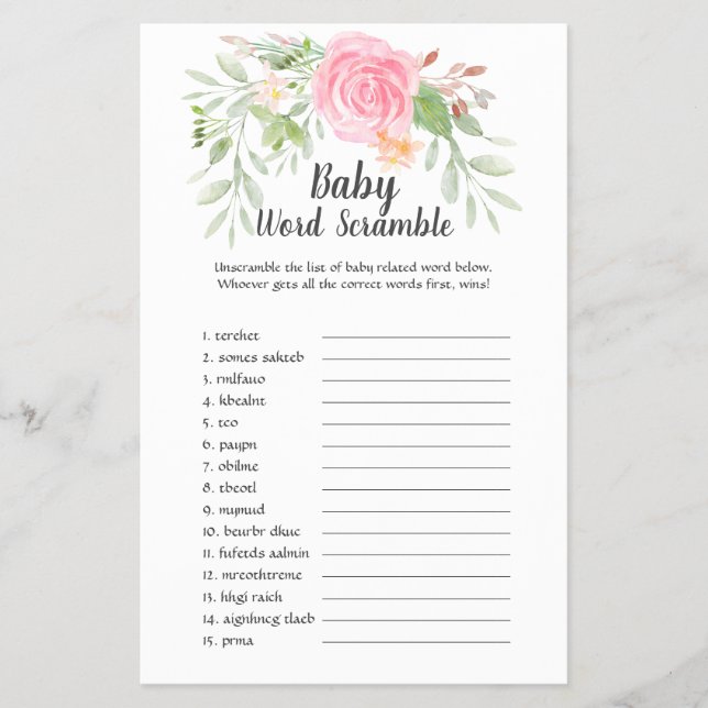 Blush Peonies Baby Shower UK Word Scramble Flyer (Front)