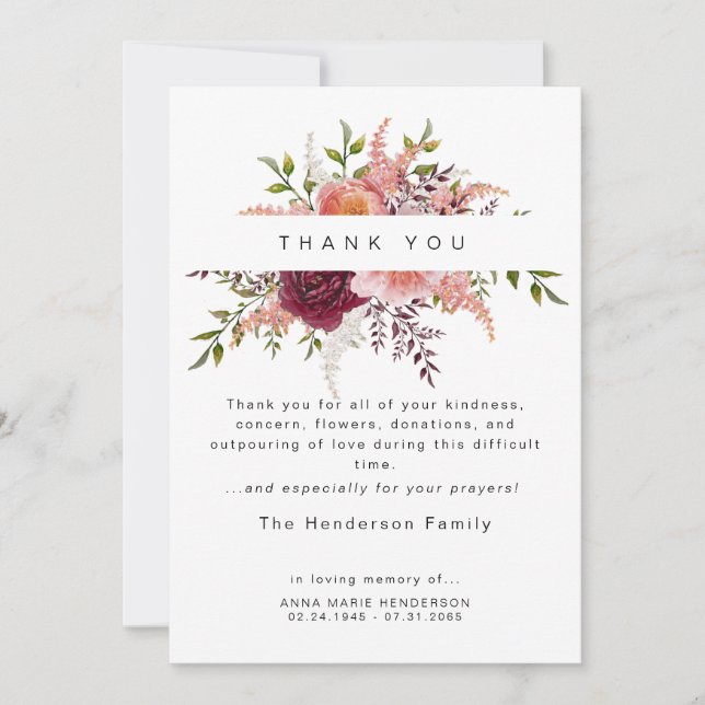 Blush Peonies Floral Bereavement Funeral Thank You (Front)