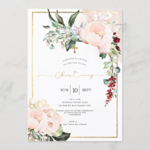 Blush Peonies Watercolor Flowers Christening Invitation
