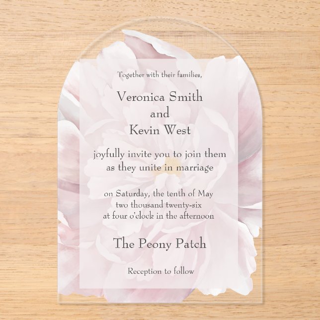 Blush Peony Clear Acrylic Wedding Invitation (Front)