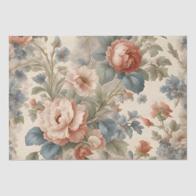 Blush Peony Collage with Blue Flowers Tissue Paper (Front)