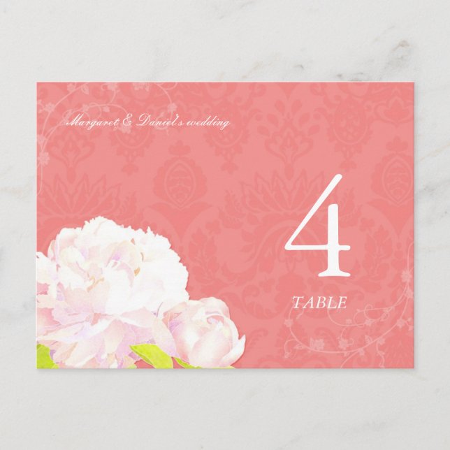 Blush Peony Coral Wedding Table Number Postcard (Front)