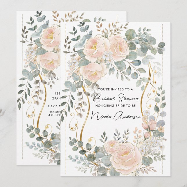 Blush Peony & Eucalyptus Botanical Floral Bridal  Invitation (Front/Back)