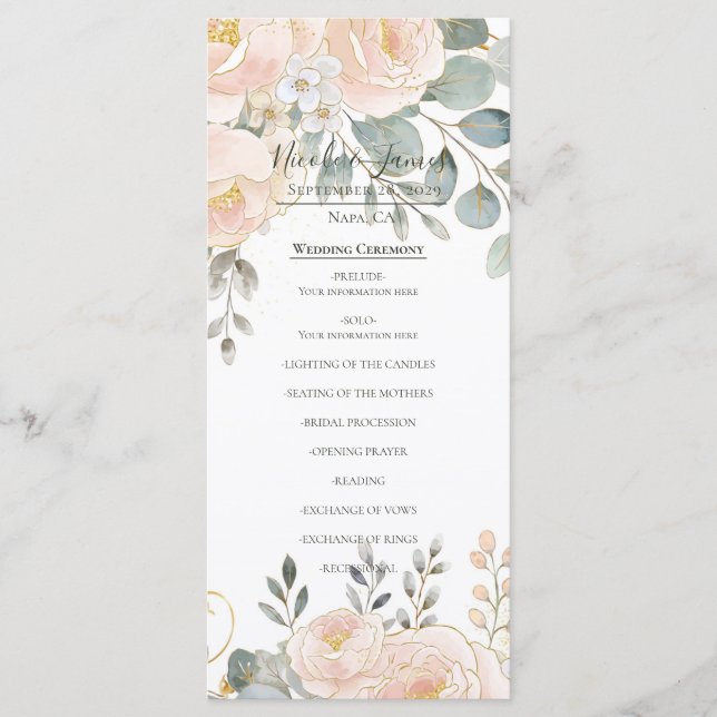 Blush Peony & Eucalyptus Botanical Floral Wedding  Menu (Front)