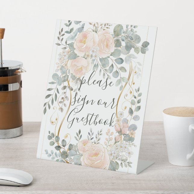 Blush Peony & Eucalyptus Botanical Floral Wedding  Pedestal Sign (In SItu)
