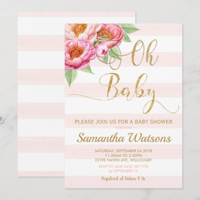 Blush Peony Floral Oh Baby shower Invitation Girl (Devant / Derrière)