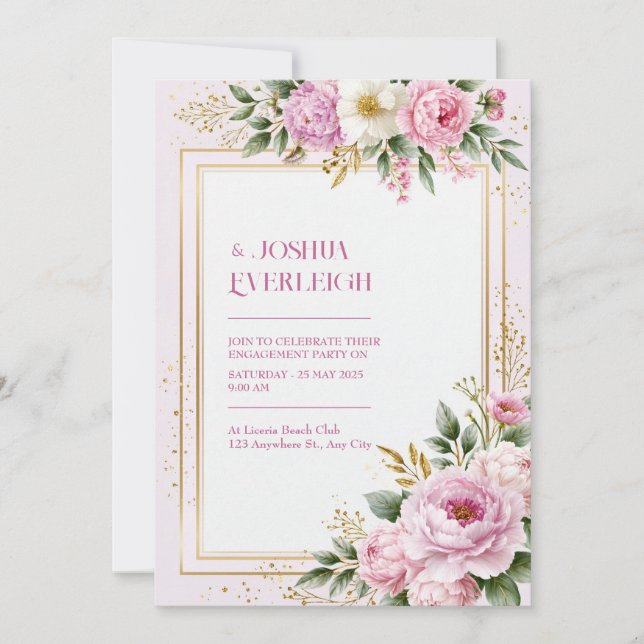Blush Peony Gilded Botanical Frame Wedding Invitation (Front)
