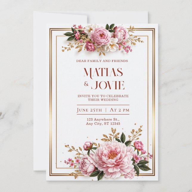 Blush Peony Gilded Double Frame Wedding Invitation (Front)