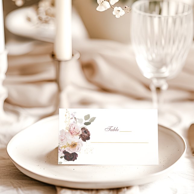 Blush Peony & Gold Burgundy Floral Wedding Place Card (Creator Uploaded)