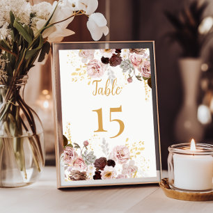 Blush Peony & Gold Burgundy Wedding Table Number
