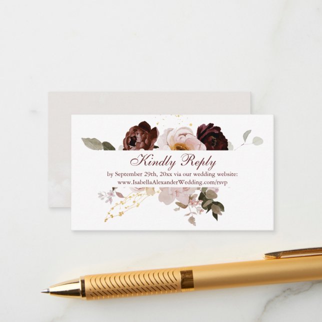 Blush Peony & Gold Burgundy Wedding Website RSVP Enclosure Card (Front/Back In Situ)